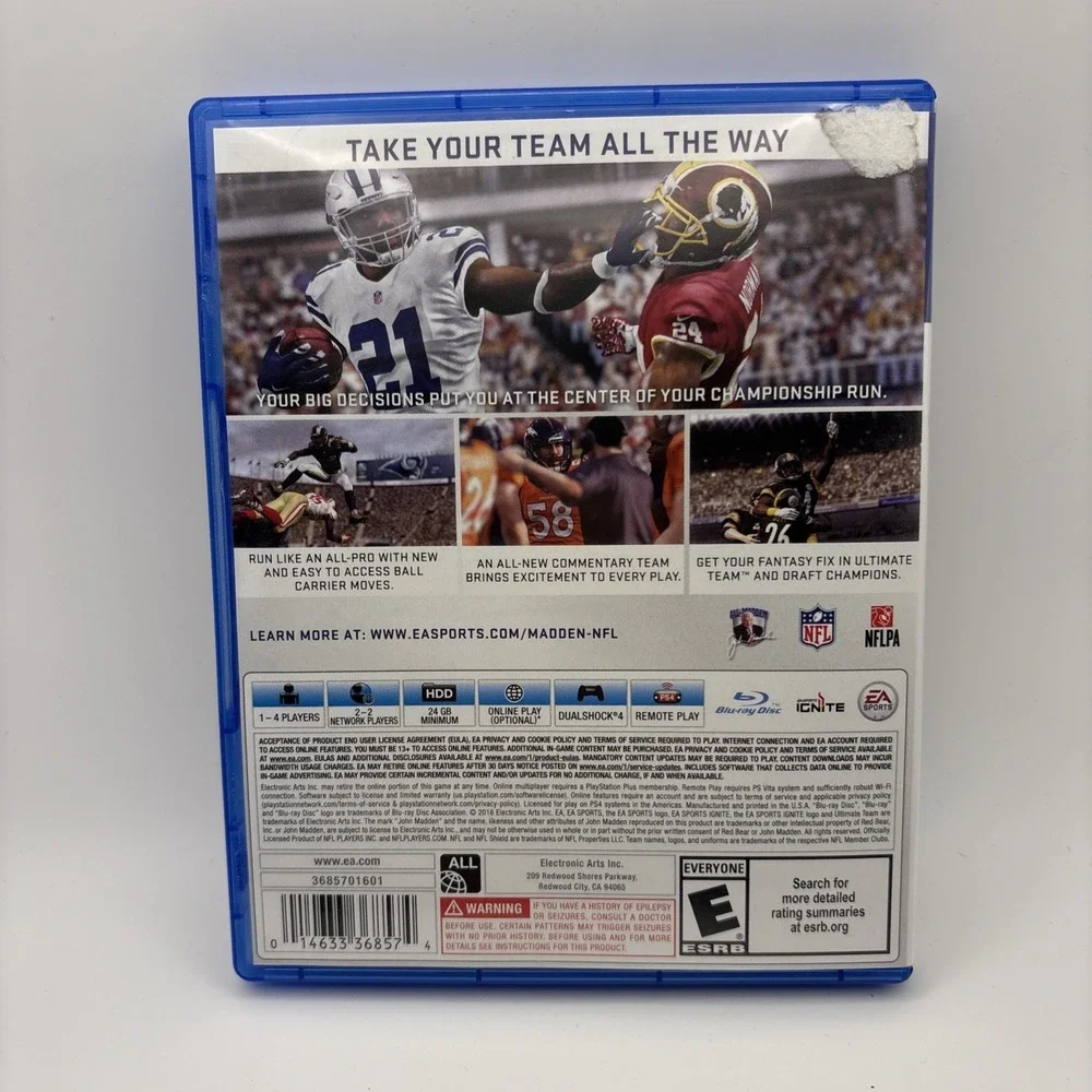 Madden NFL 17 Sony PlayStation 4 PS4 EA Sports Football Game Disc Case